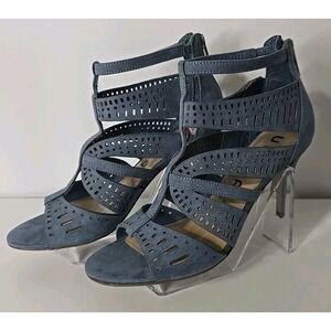 Unisa Women's 7M blue suede like strappy sandals with laser-cut detailing